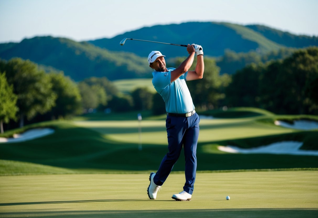 A golfer tees off at Capital Hills at Albany, surrounded by lush green fairways and rolling hills under a clear blue sky