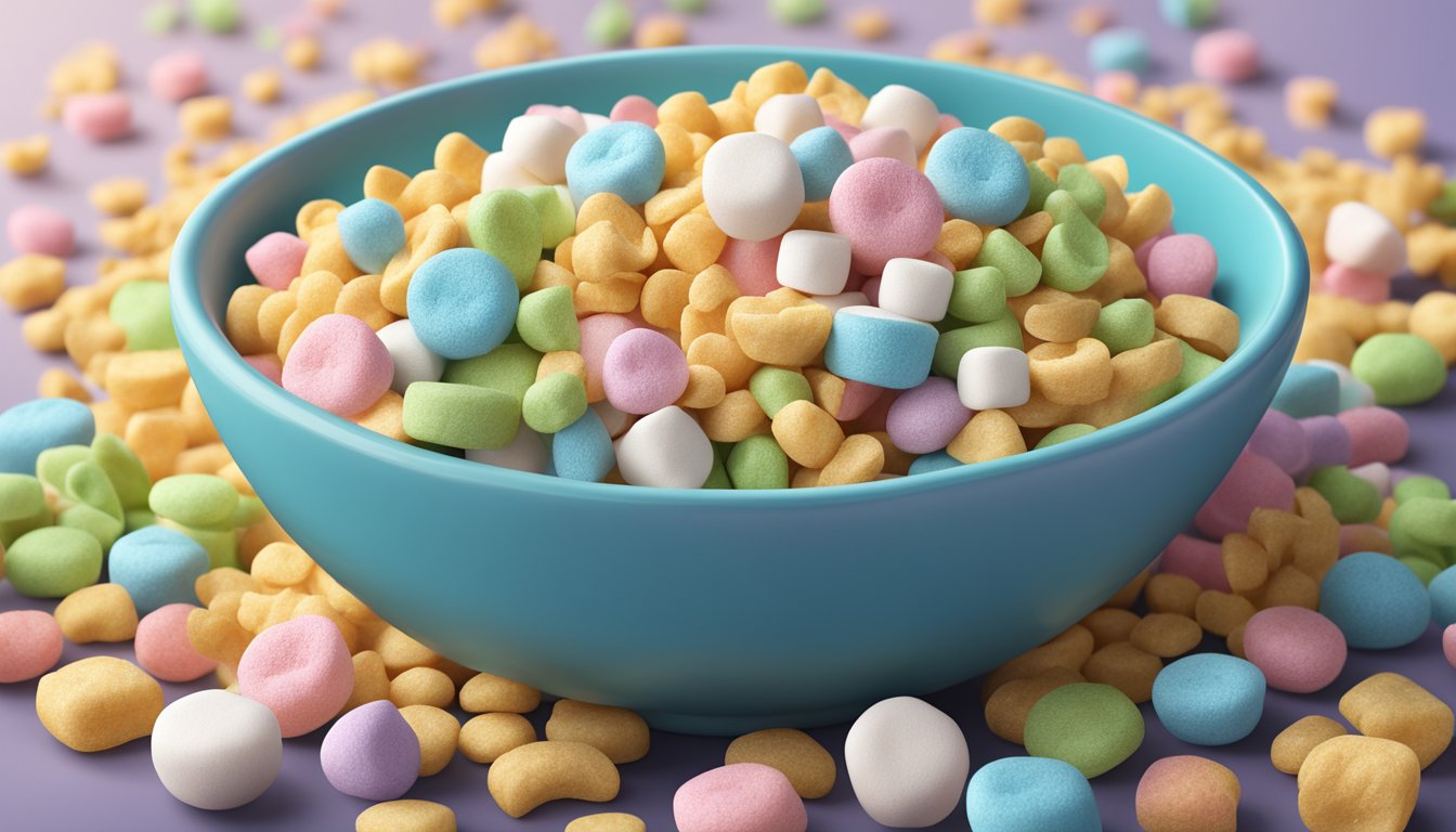 A bowl of Lucky Charms cereal overflowing with colorful marshmallows, surrounded by 12 other sugary cereals