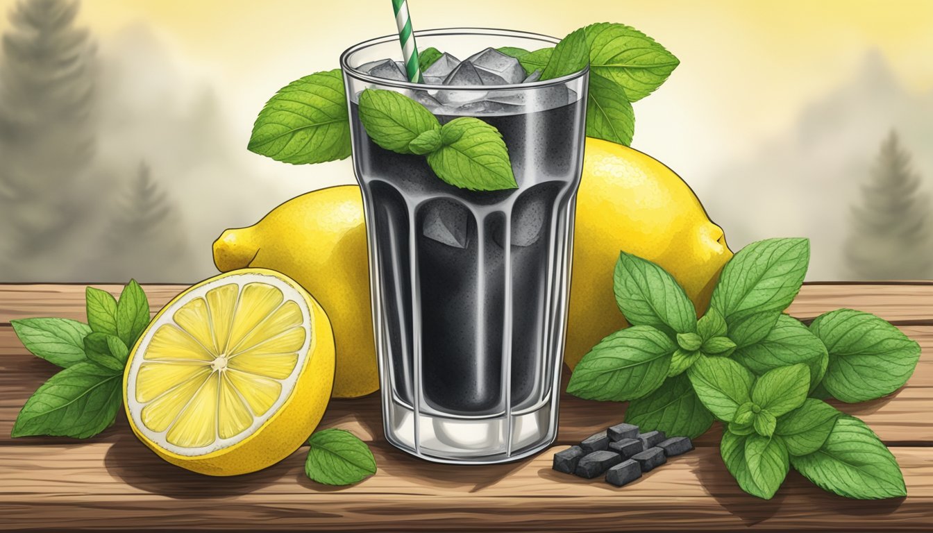 A tall glass of charcoal-infused lemonade surrounded by fresh lemon slices and a sprig of mint on a rustic wooden table