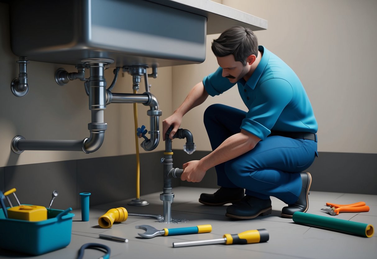 A plumber fixing a leak under a sink with various tools and pipes scattered around