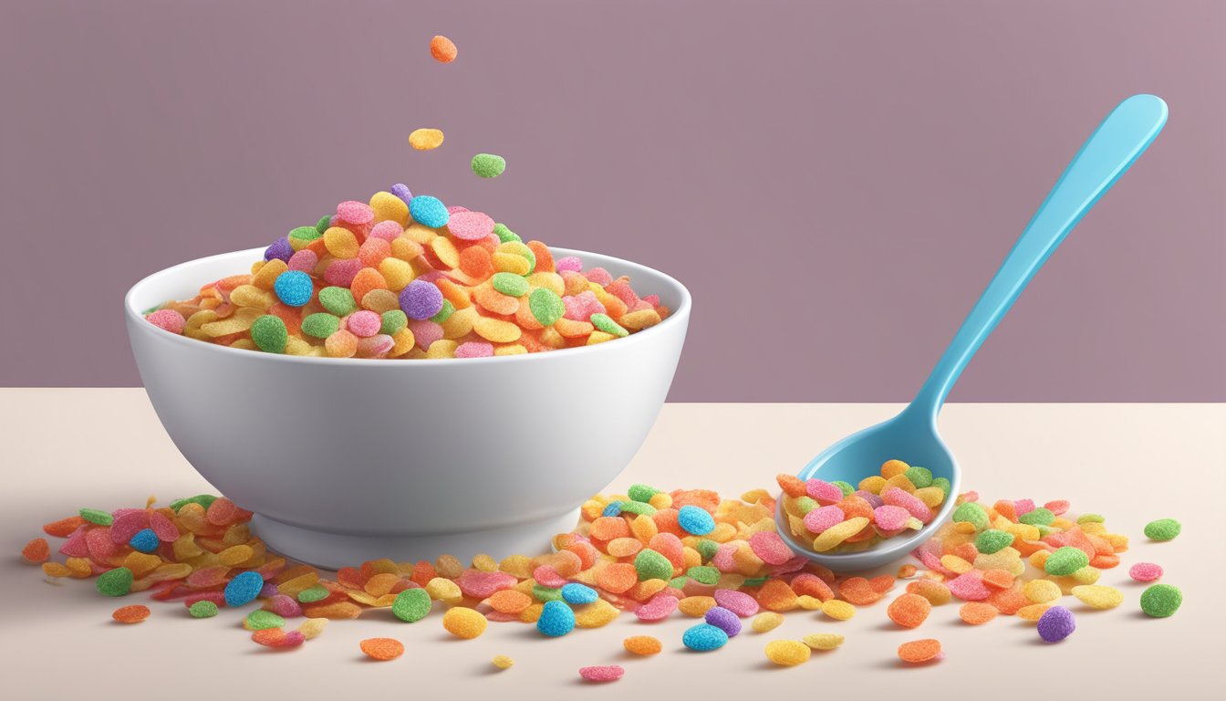 A bowl of Fruity Pebbles cereal overflowing with colorful, sugary flakes, surrounded by milk and a spoon on a table