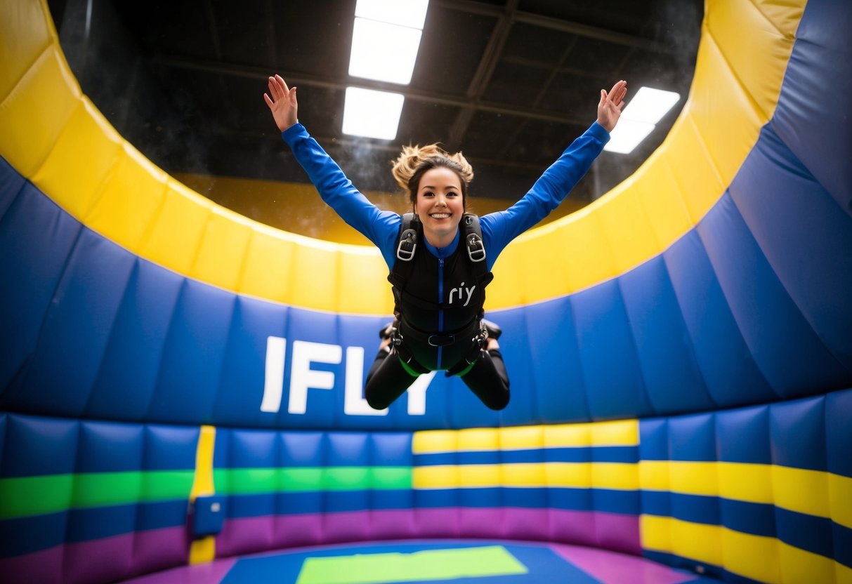 A person floats mid-air in the wind tunnel at iFLY Dallas, surrounded by the colorful interior and the thrill of indoor skydiving