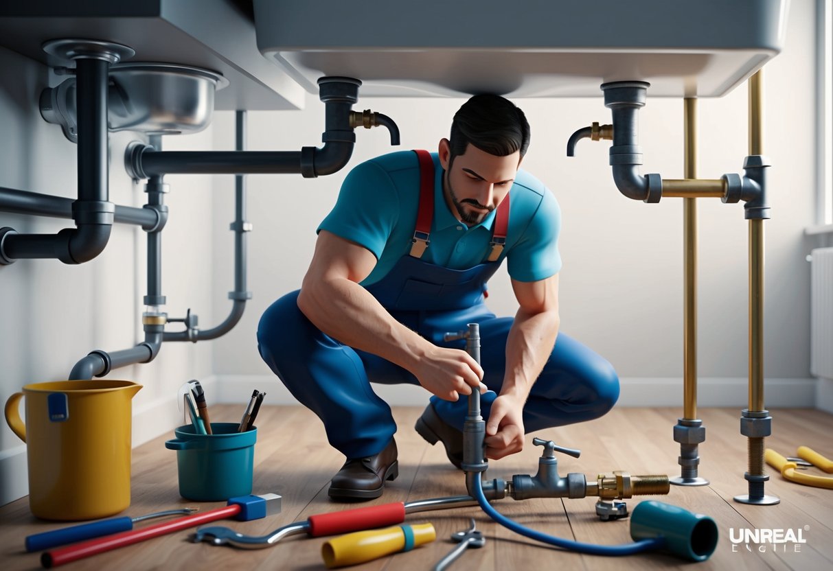 A plumber fixing a leaky pipe under a sink, surrounded by various tools and pipes