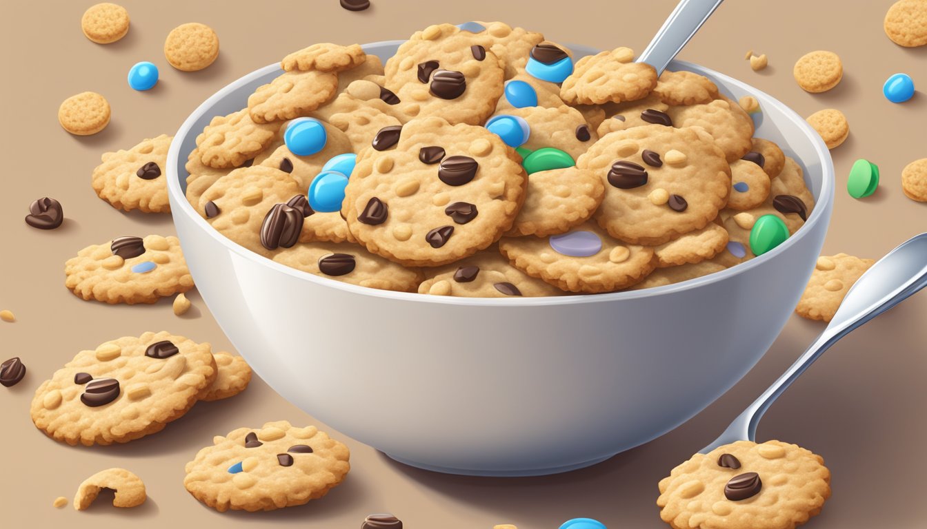 A bowl of Cookie Crisp cereal overflowing with milk, surrounded by scattered cookies and a spoon