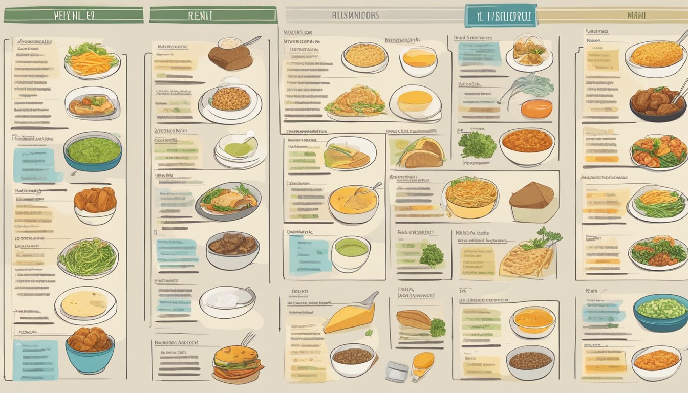 A table with 11 restaurant menu items, each with a nutritional analysis chart next to it