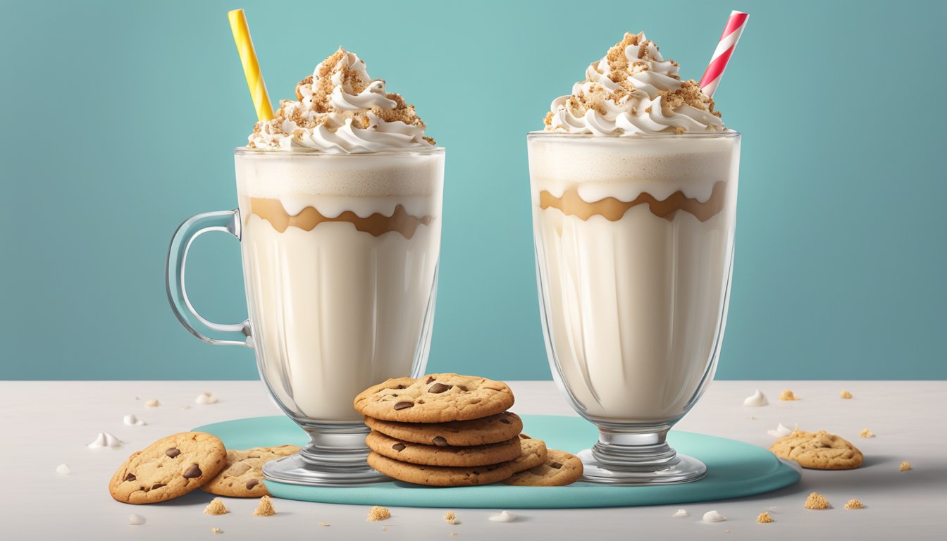 A tall glass filled with a creamy, cookie-flavored milkshake topped with a dollop of whipped cream and a sprinkling of cookie crumbs