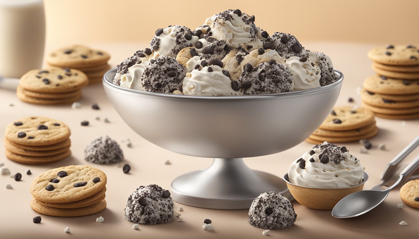 A tempting bowl of Breyers Delights Cookies & Cream ice cream surrounded by scattered cookie crumbs and a melting scoop on a dessert table