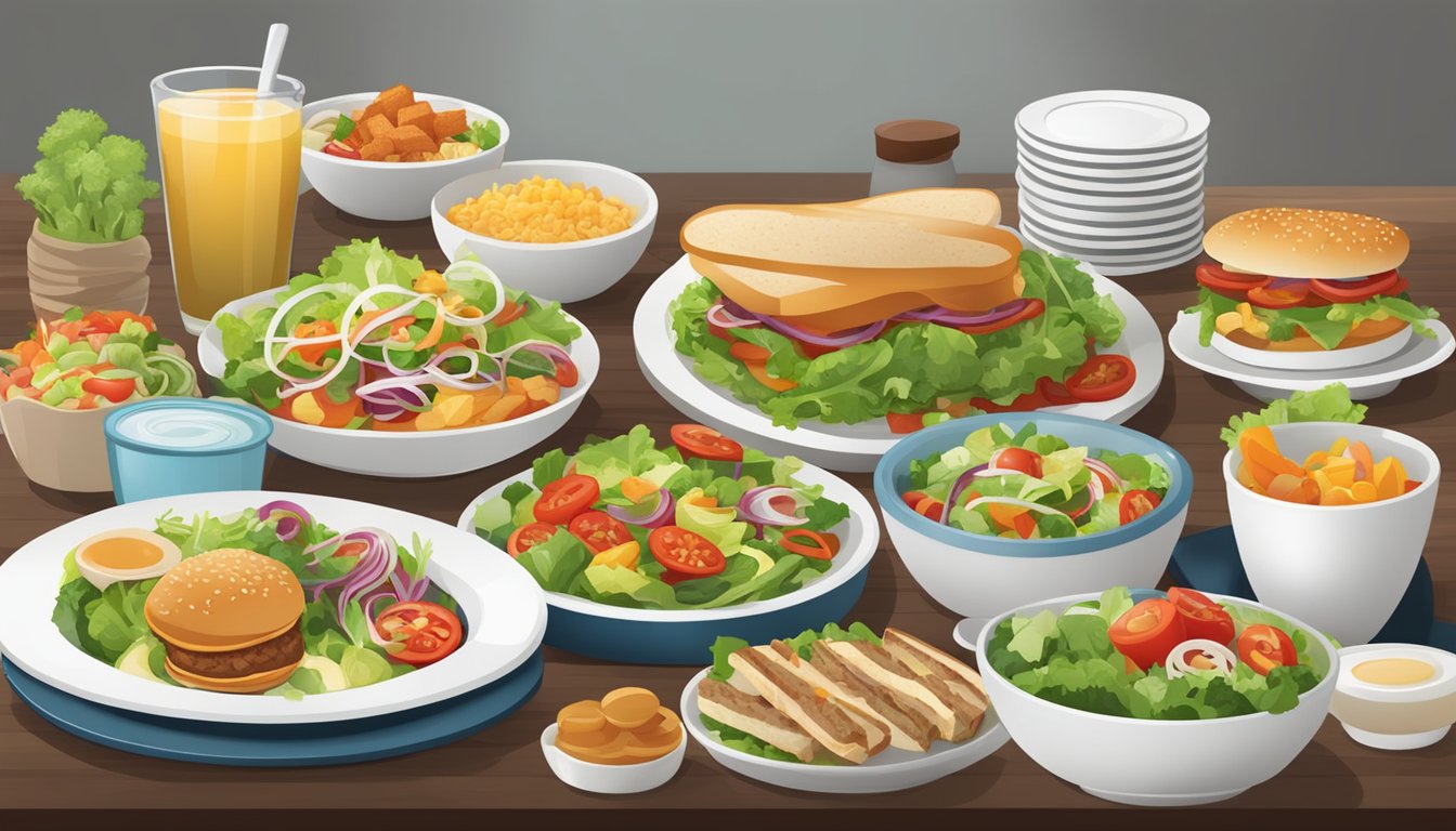 A table set with a variety of restaurant dishes, including salads, sandwiches, and entrees, with a focus on healthier options