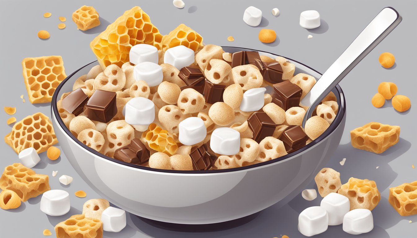 A bowl of cereal surrounded by honeycomb pieces, marshmallows, and chocolate flakes, with a glass of milk on the side