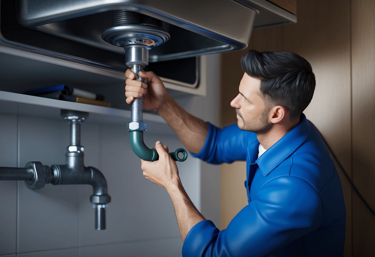 A plumber fixing a leaky pipe under a sink with a wrench