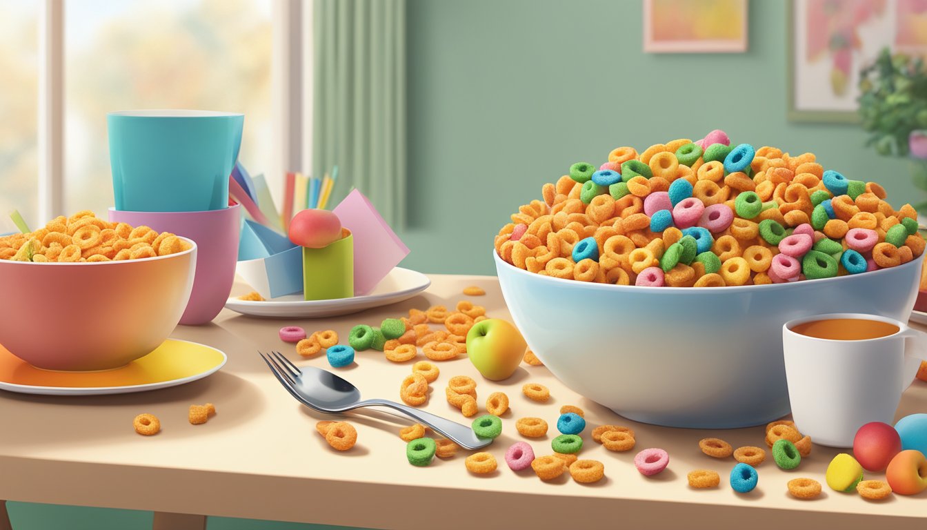 A bowl of Apple Jacks surrounded by colorful cereal boxes on a breakfast table