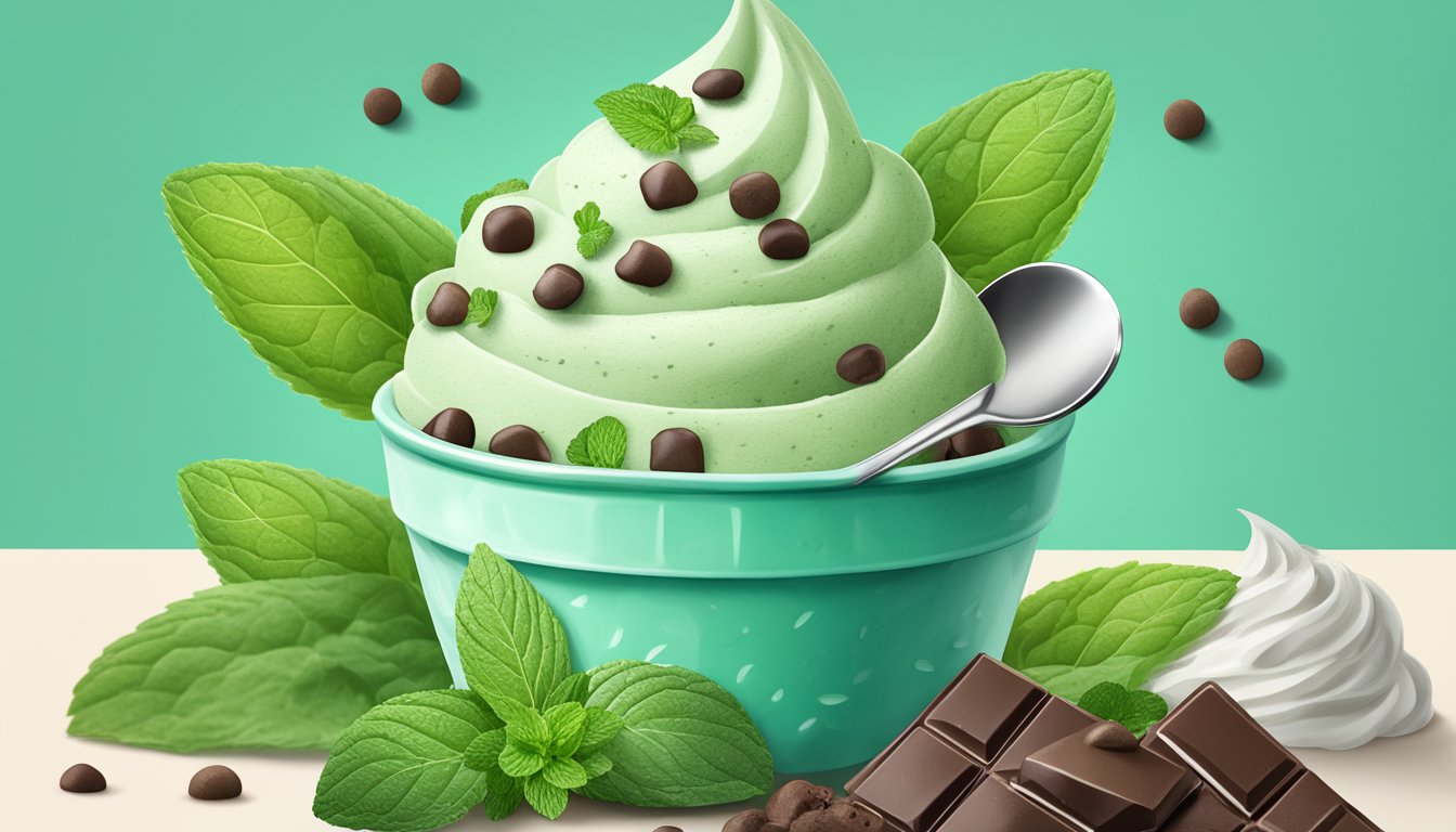 A colorful carton of dairy-free mint chip ice cream surrounded by mint leaves and chocolate chips, with a spoon sticking out