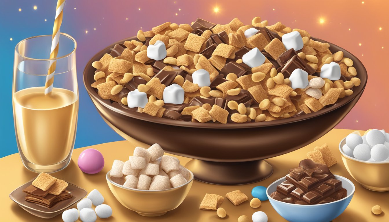 A bowl of Golden Grahams cereal surrounded by various dessert items like chocolate, marshmallows, and syrup, creating a decadent and indulgent scene