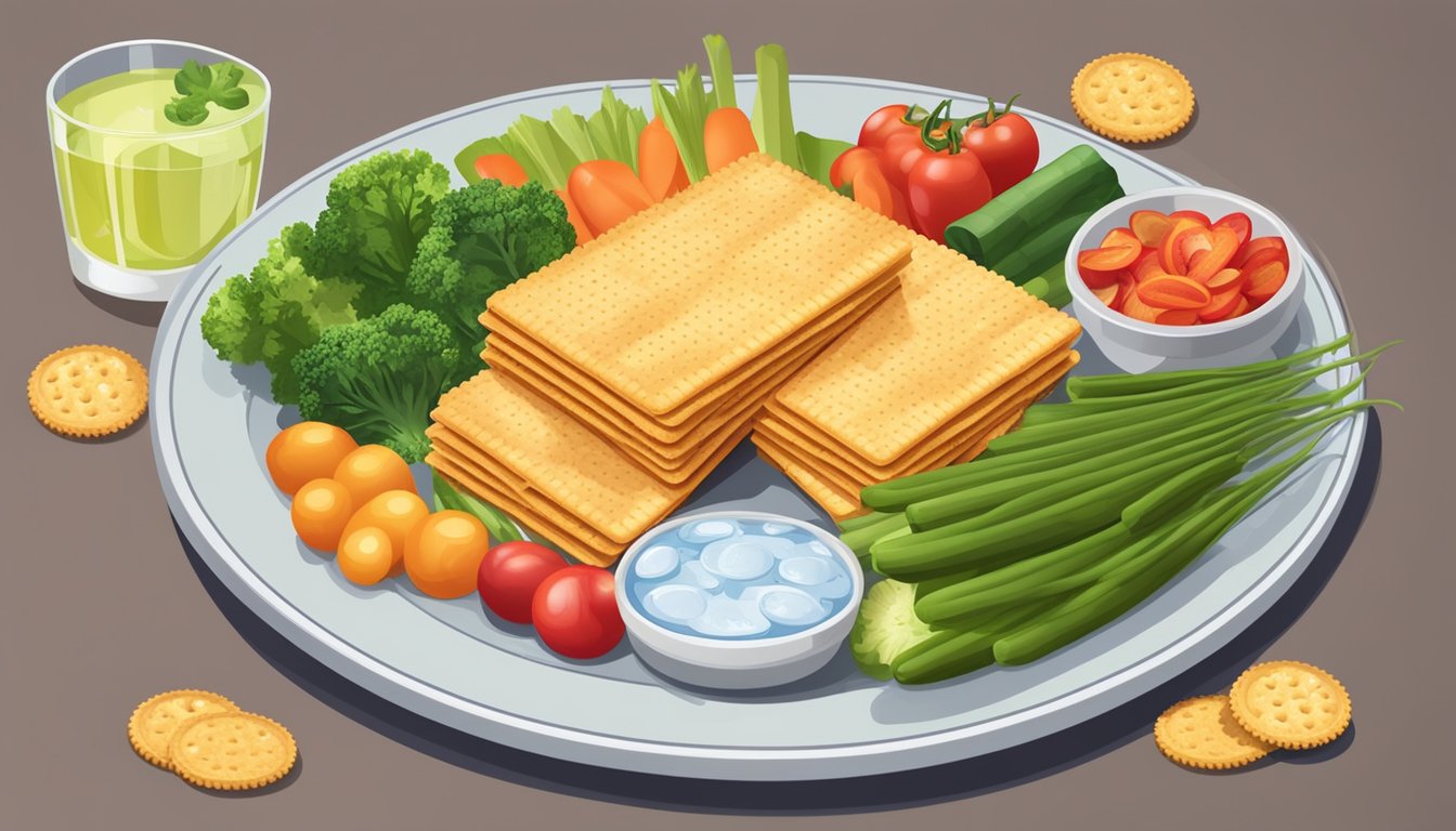 A variety of crackers arranged on a plate, including Ritz Crackers, surrounded by fresh vegetables and a glass of water