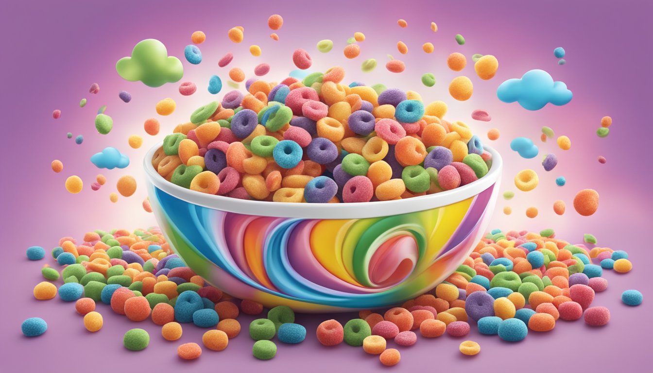 A bowl of Trix cereal overflowing with colorful, fruity loops, surrounded by a whimsical, playful backdrop of swirling rainbows and cartoon-like clouds