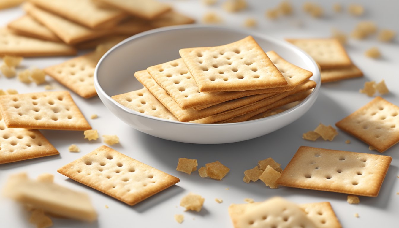 A pile of saltine crackers on a clean, white plate, surrounded by a scattering of crumbs and a few whole crackers