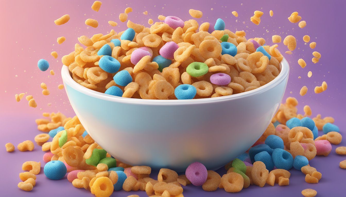 A bowl of Cap'n Crunch cereal overflowing with colorful, sugary pieces, surrounded by milk splashing over the edges