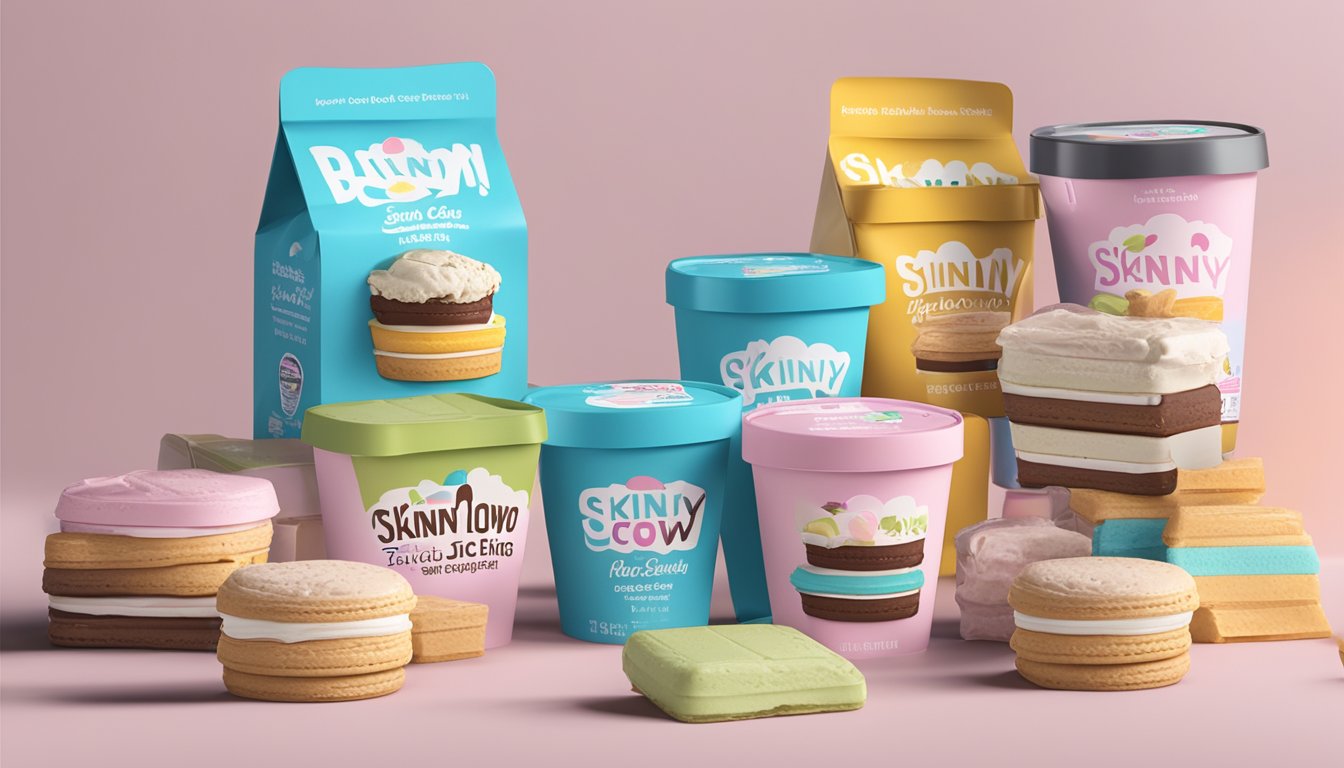 A variety of Skinny Cow ice cream sandwiches and diet ice creams arranged on a table or display, with packaging and branding visible