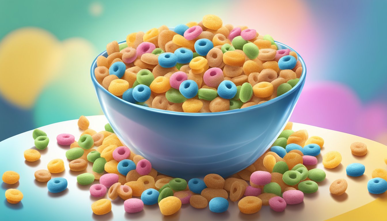 A colorful cereal bowl overflowing with sugary, dessert-like cereal