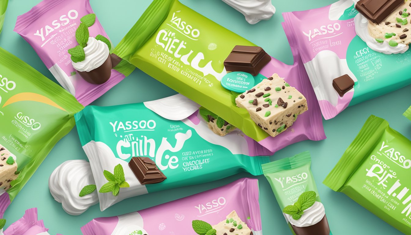 A colorful display of Yasso Mint Chocolate Chip Greek Yogurt bars surrounded by various "diet" ice cream packages