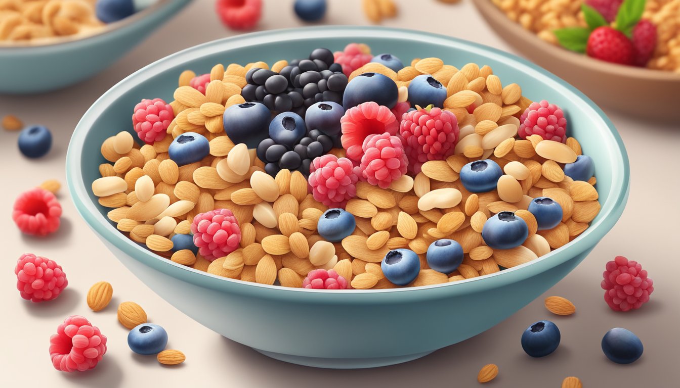 A bowl of colorful, crunchy cereal overflowing with fresh berries and milk, surrounded by a variety of whole grain cereals and nuts