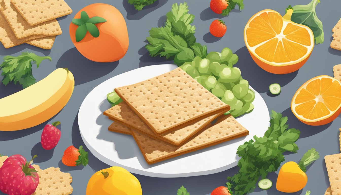 A pile of Wasa crispbread crackers surrounded by fresh fruits and vegetables, with a shadow looming over them, hinting at their deceptive nutritional value