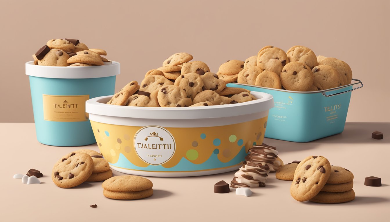 A melting Talenti Gelato tub surrounded by scattered fudge cookies and a measuring tape