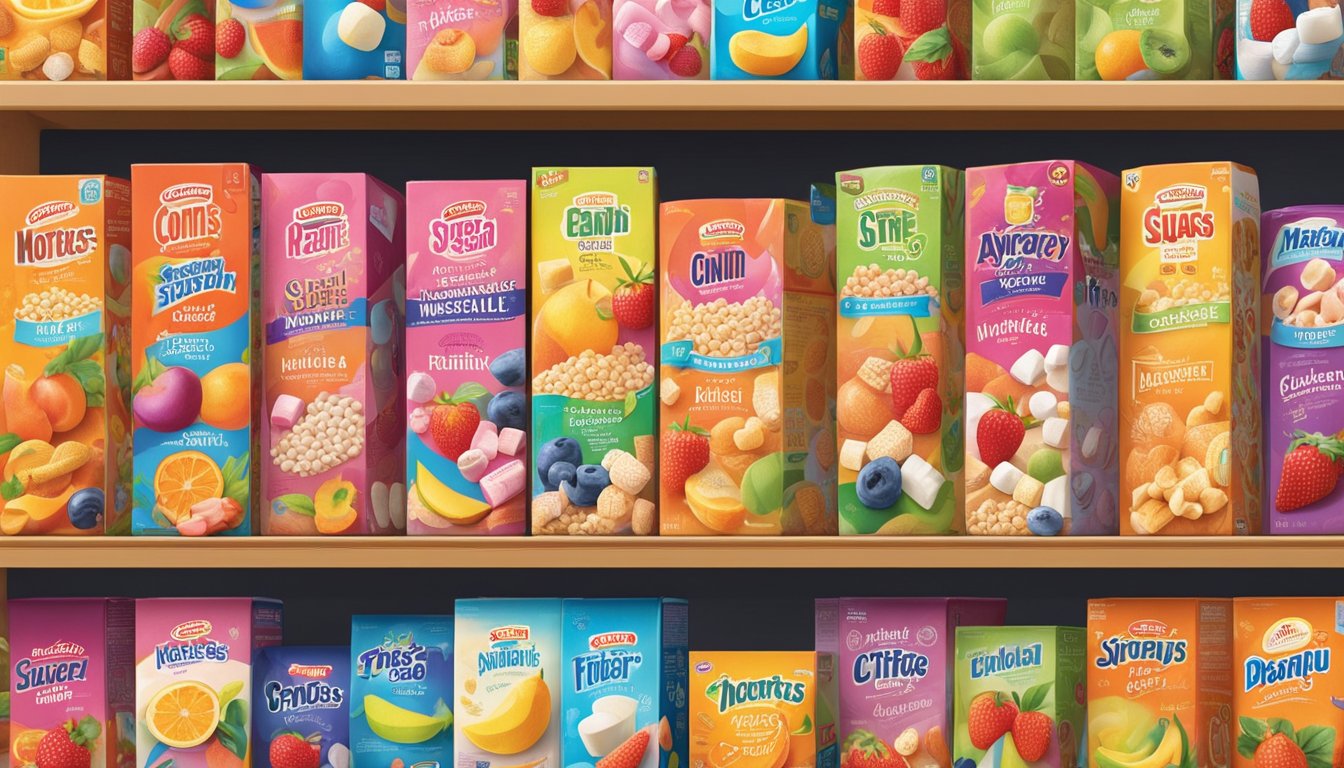 A colorful array of cereal boxes, each featuring vibrant images of fruits and marshmallows, sits on a supermarket shelf. The packaging boasts about being "wholesome" while hiding high sugar content