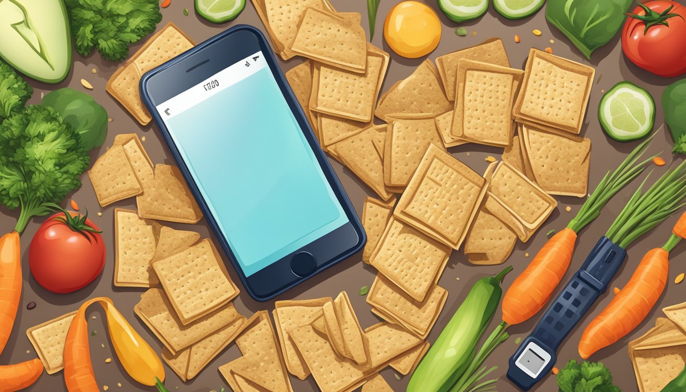 A pile of Wheat Thins surrounded by fresh vegetables, a glass of water, and a fitness tracker, creating the illusion of a healthy snack choice