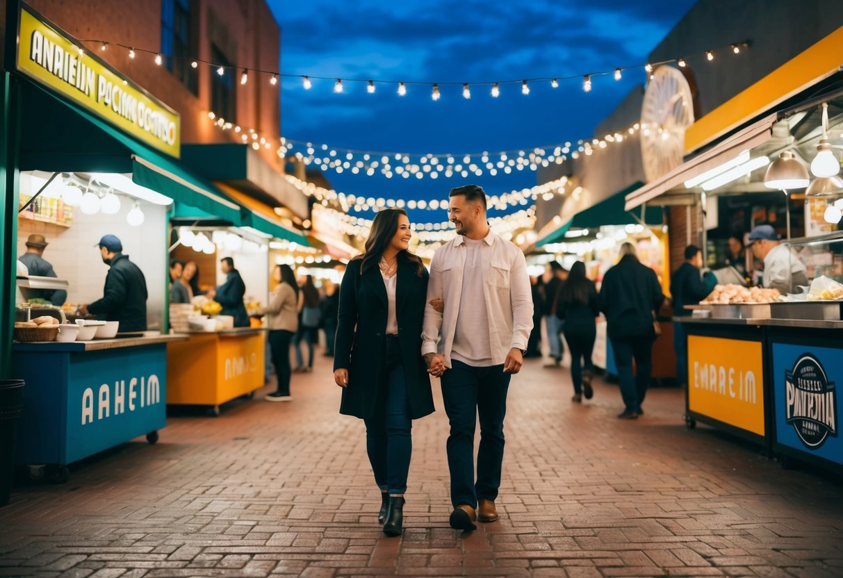 A couple strolling through the vibrant Anaheim Packing District, surrounded by unique food stalls and twinkling string lights