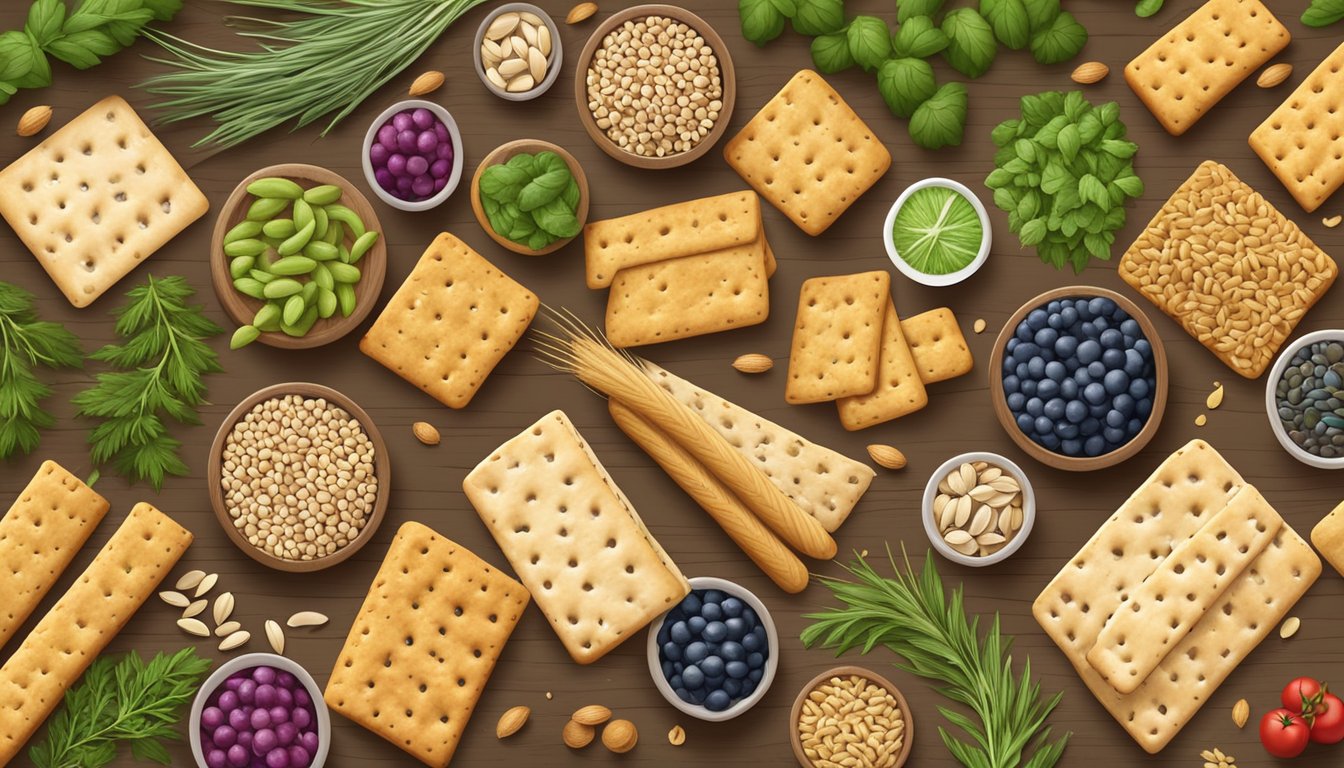 A colorful assortment of crackers arranged on a wooden cutting board, surrounded by fresh herbs and a variety of whole grains and seeds