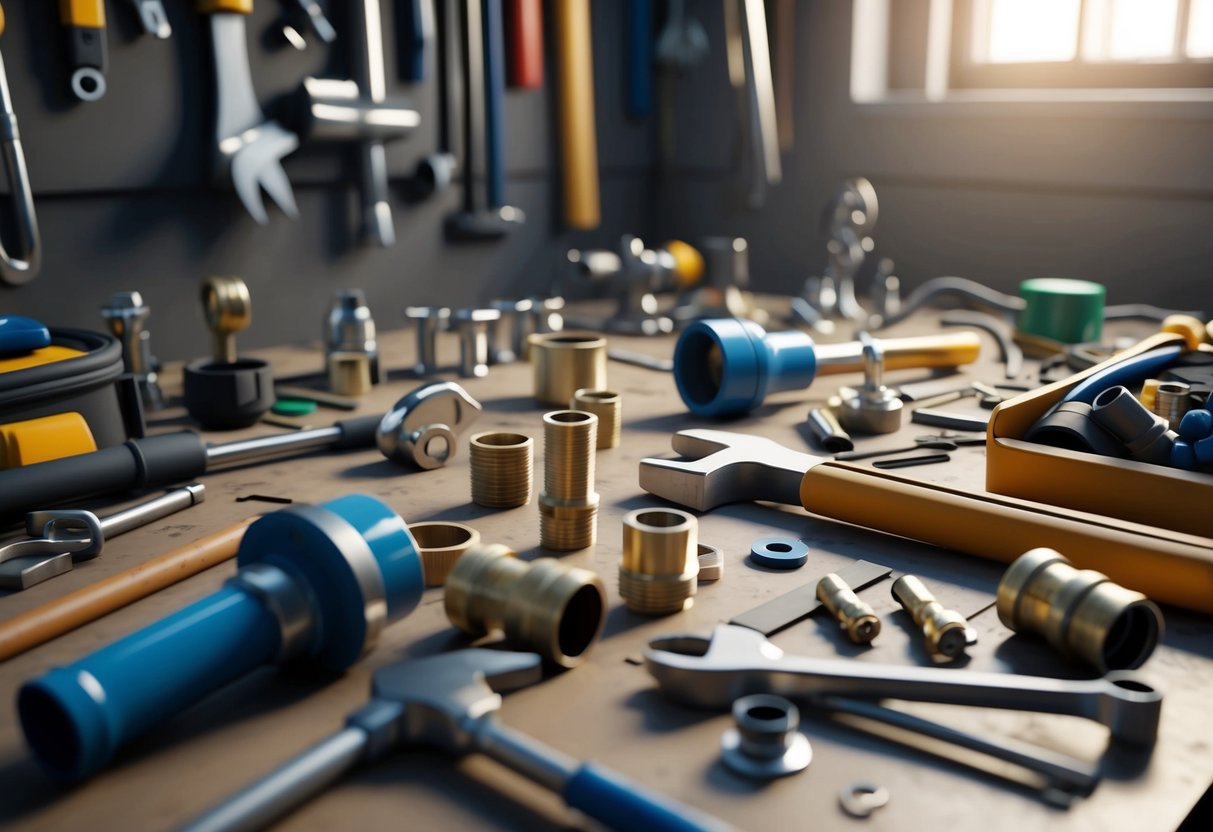 An assortment of plumbing tools scattered across a cluttered workbench, with a wrench and pipe fittings in the foreground