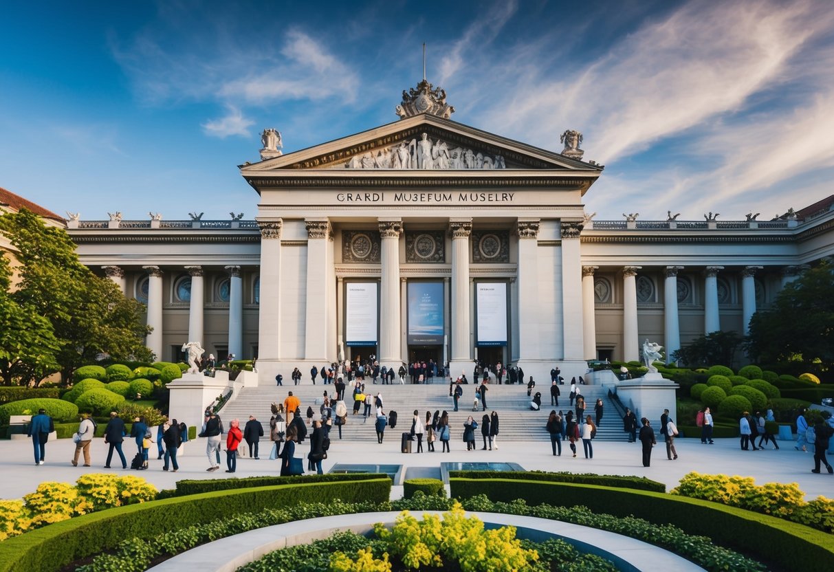 A grand museum facade with ornate architecture, surrounded by lush landscaping and bustling with visitors