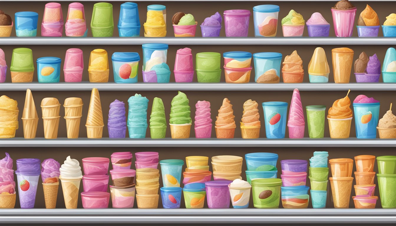 A variety of colorful and tempting "diet" ice cream containers arranged on a store shelf