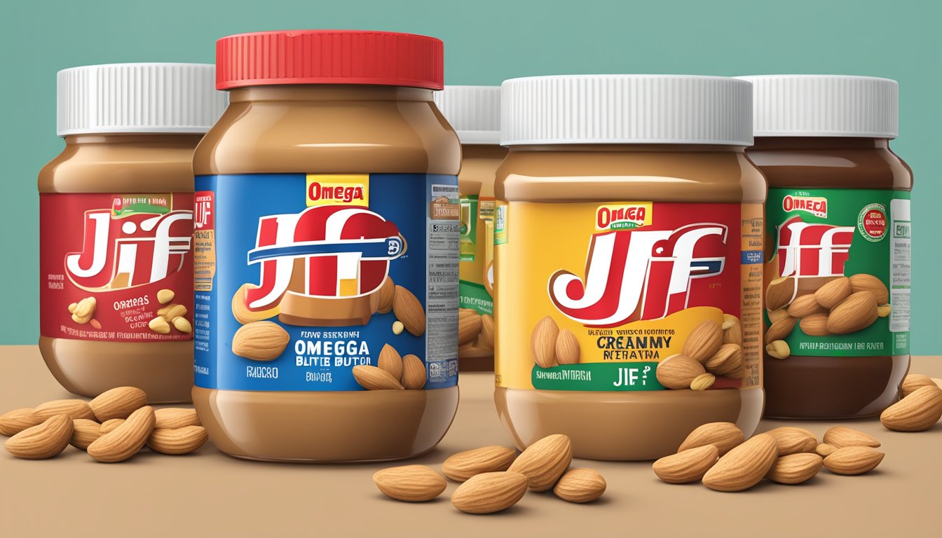 A jar of Jif Omega-3 Creamy Peanut Butter surrounded by other nut butter jars, with a red "unhealthy" label on them