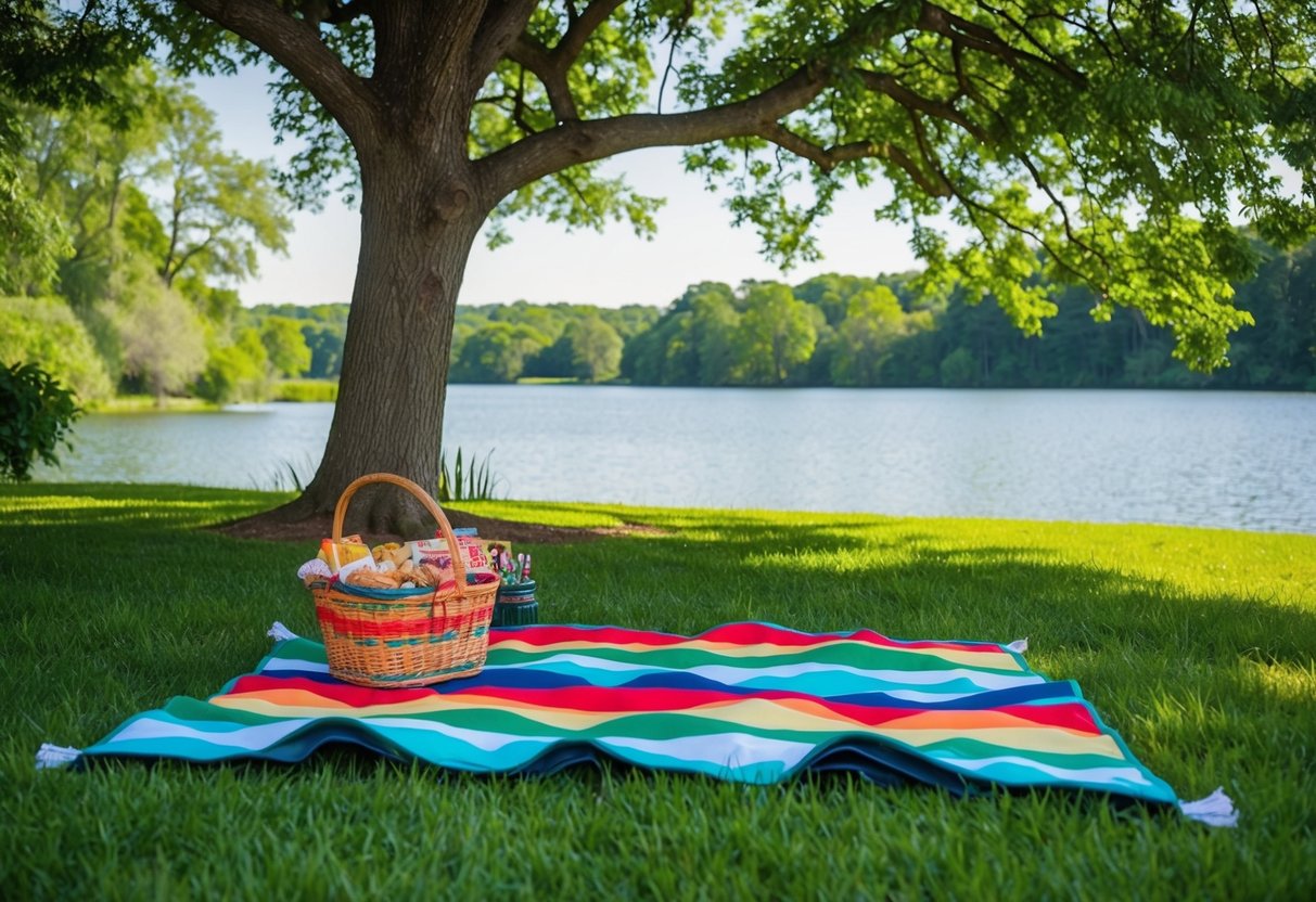 A colorful picnic blanket spread out under a shady tree, surrounded by lush greenery and a tranquil lake. A basket filled with delicious treats sits nearby