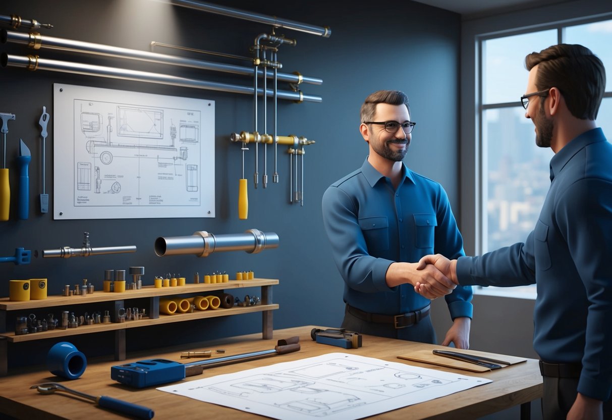 An array of tools and pipes, a blueprint, and a satisfied customer shaking Alan's hand