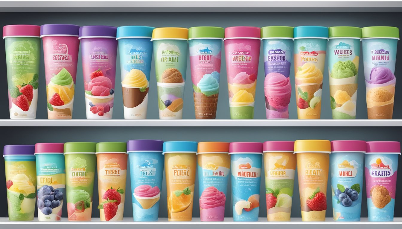 A variety of colorful and tempting "diet" ice cream containers arranged on a shelf, with misleading health claims and images of fruit and fitness