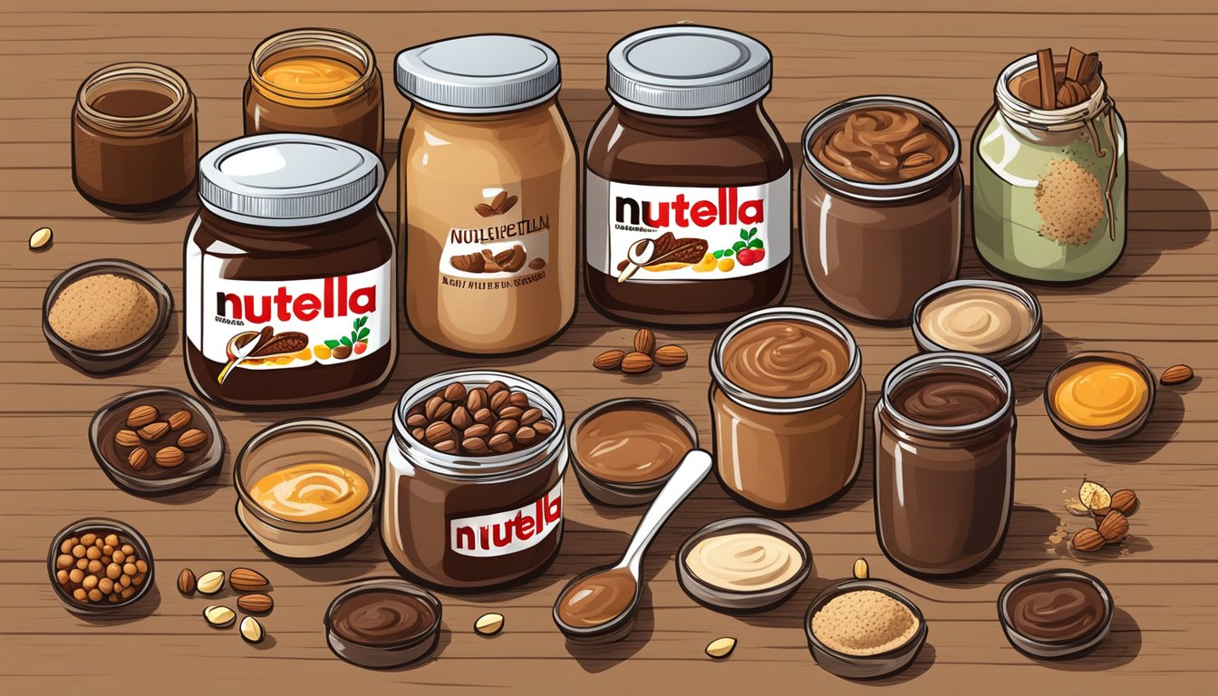 A jar of Nutella surrounded by eight different types of nut butters, all arranged on a wooden table with scattered hazelnuts and cocoa beans