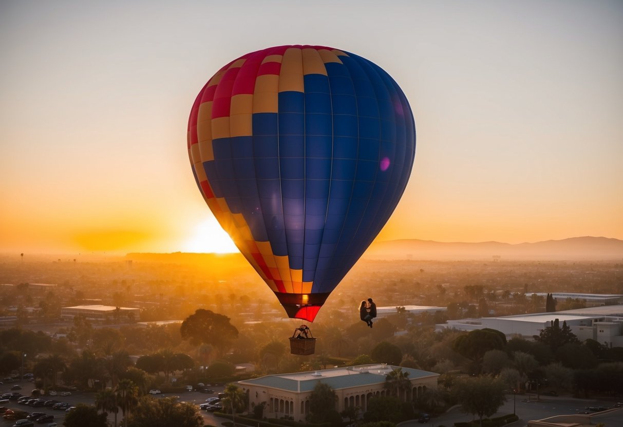 A hot air balloon floats over Anaheim at sunset, with a couple cuddled close, enjoying the romantic date