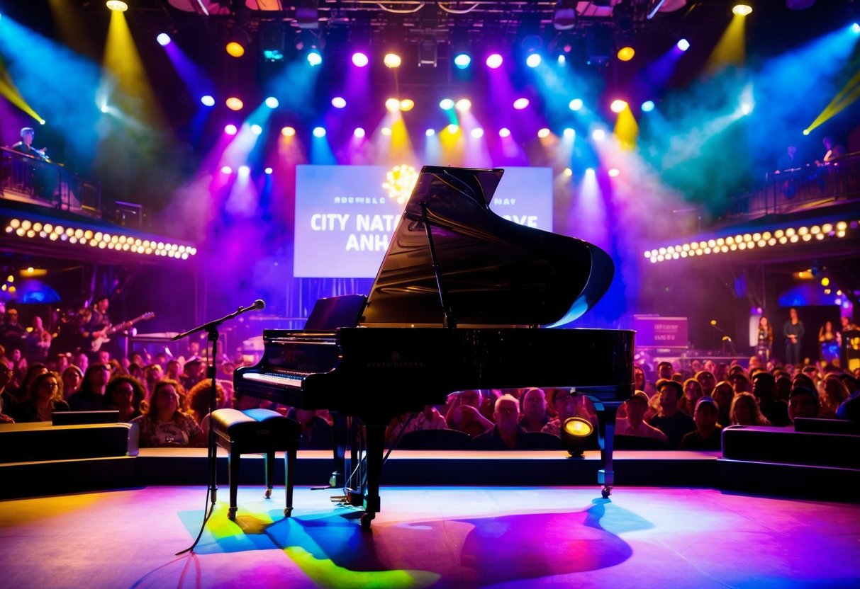 A vibrant stage with colorful lights, a grand piano, and a microphone stand set against a backdrop of a lively audience at City National Grove of Anaheim
