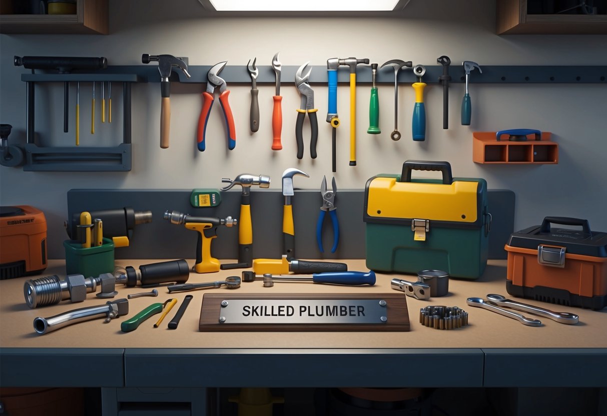 A collection of tools and equipment used by a skilled plumber, arranged neatly on a workbench with a personalized nameplate