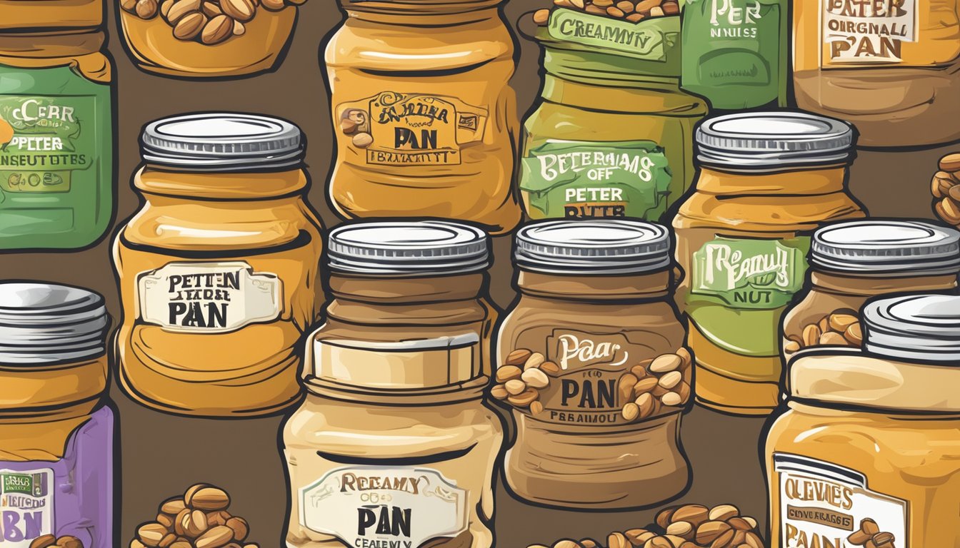 A jar of Peter Pan Creamy Original Peanut Butter surrounded by eight different types of nuts, with a warning sign indicating their unhealthy nature