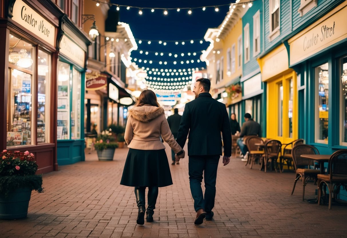 Couples walk past quaint shops and cafes on Center Street Promenade, under twinkling lights and colorful storefronts