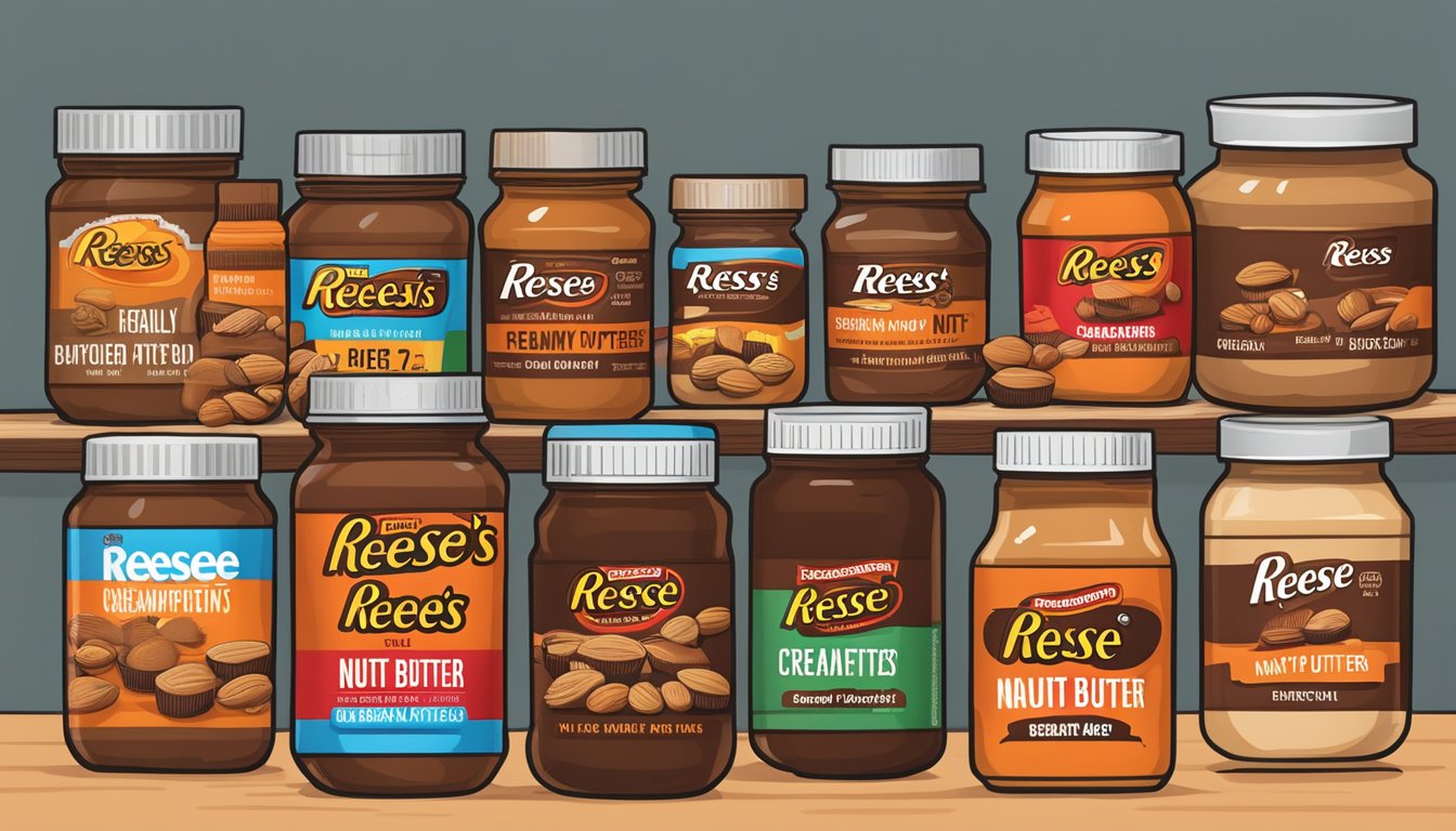 A jar of Reese's Creamy Peanut Butter surrounded by 7 other jars of different nut butters, with a red "unhealthy" stamp on each label