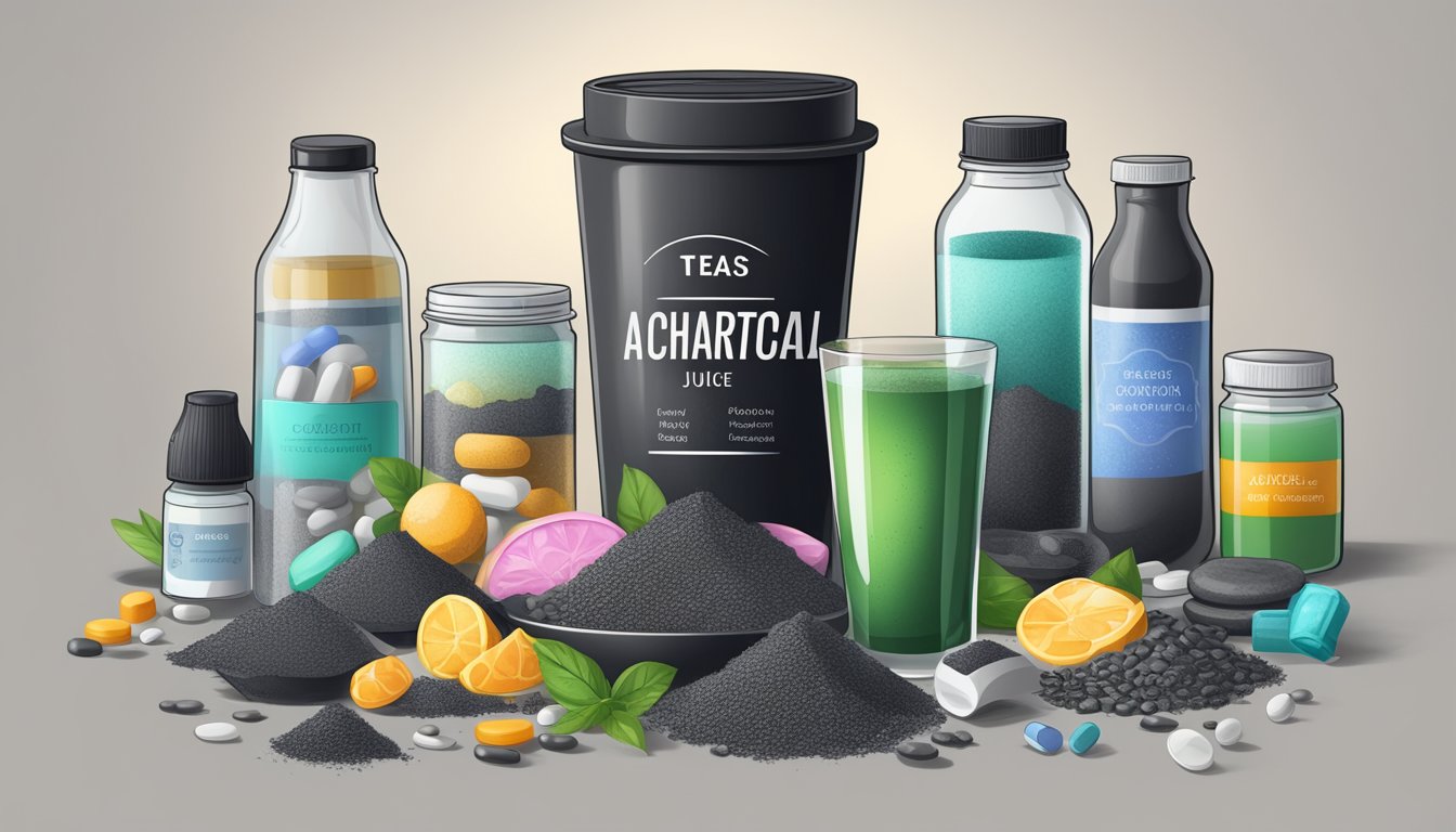 A glass of activated charcoal juice surrounded by various detox products, such as pills, teas, and powders, all labeled as a waste of money