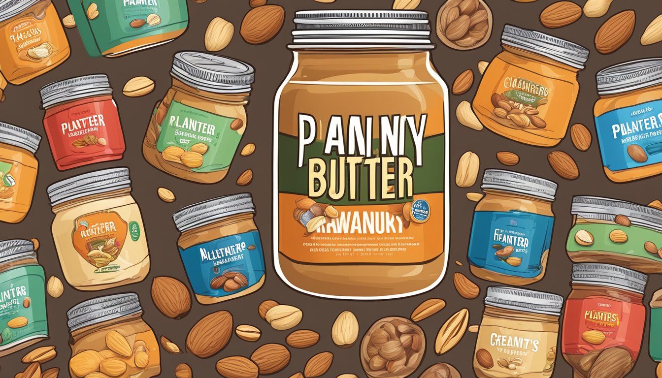 A jar of Planters Creamy Peanut Butter surrounded by 8 different types of nuts, with a red warning sign indicating their unhealthy nature