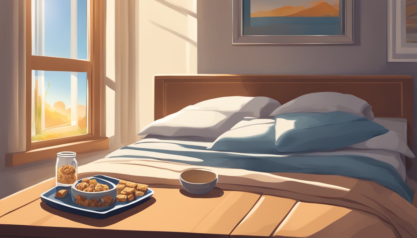 A cozy bedroom with a sunlit window, a soft blanket, and a tray of energy bars on a nightstand