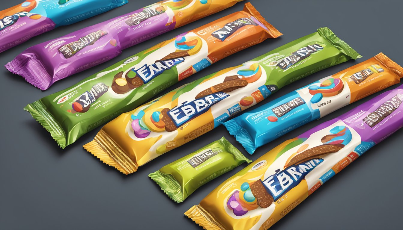 A group of energy bars scattered on a table, with droopy eyes and yawning mouths drawn on their packaging