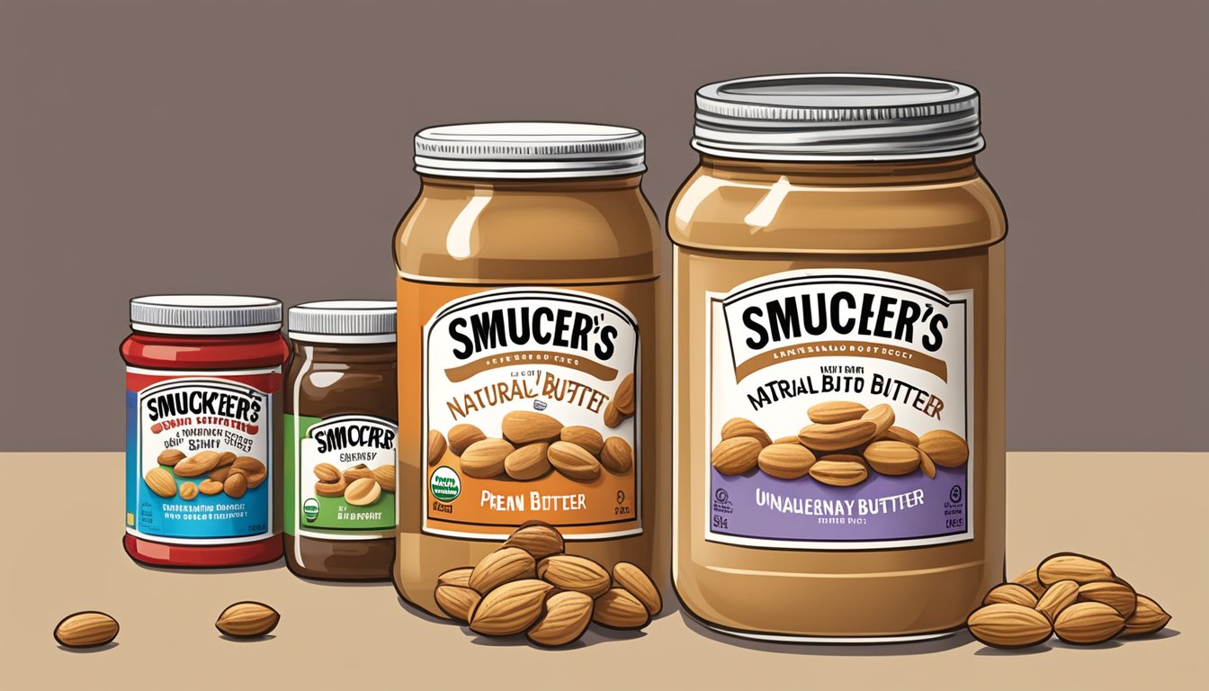 A jar of Smucker's Natural Creamy Peanut Butter surrounded by various unhealthy nut butter jars, with a red "unhealthy" stamp on each one